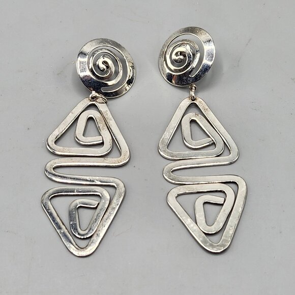 Vintage Hammered Metal Abstract Geometric Swirl Earrings 3" Dangle - Picture 1 of 8